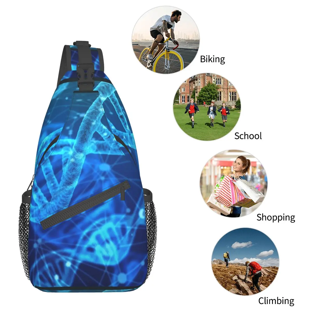 DNA Science-bandolera con estampado 3D para el pecho, morral de hombro para viajes, senderismo y ciclismo, morral de día