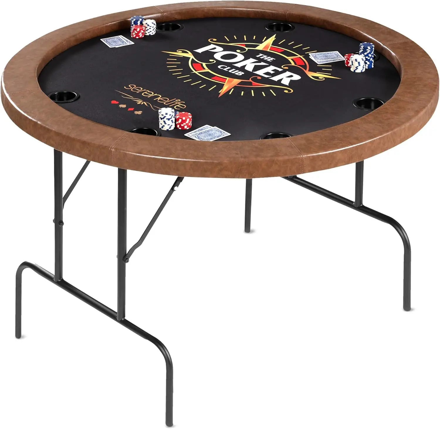 8-Player Round Foldable Poker Table - Premium Casino-Grade Design, Brown Felt Surface, Water-Resistant Rail, 8 Cup Ho