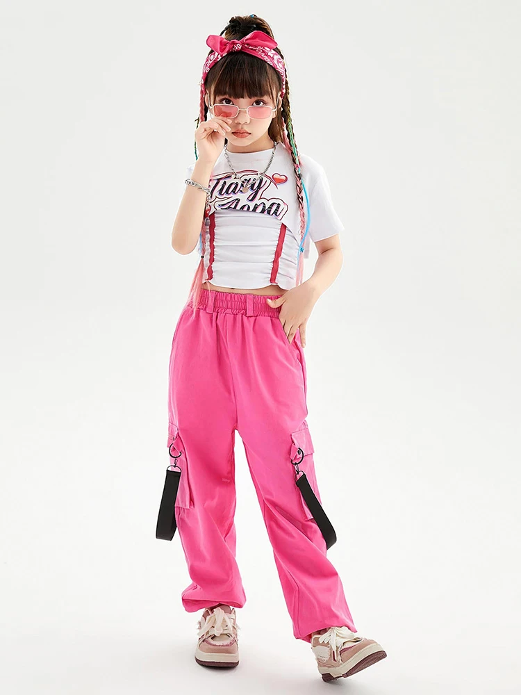 Ropa de baile de Jazz para niñas, Tops cortos de manga corta, pantalones Cargo rosas, disfraz de actuación de Hip Hop para adolescentes, ropa de escenario de concierto BL11119