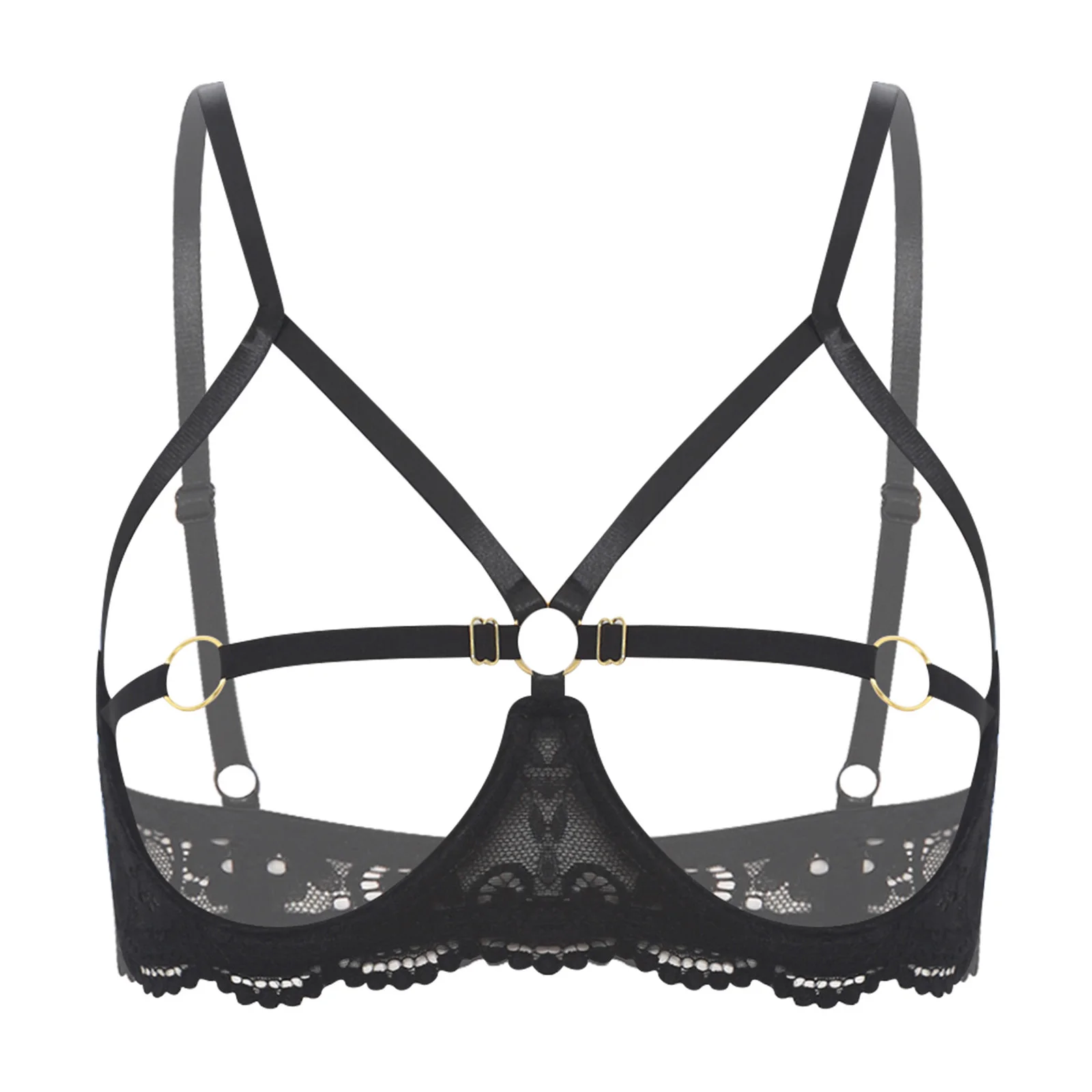 

Womens Bare Breast Exposed Brassiere Cut Out Cup Bra Lingeries Spaghetti Straps O-ring Lace Trim Underwire Push Up Balconette