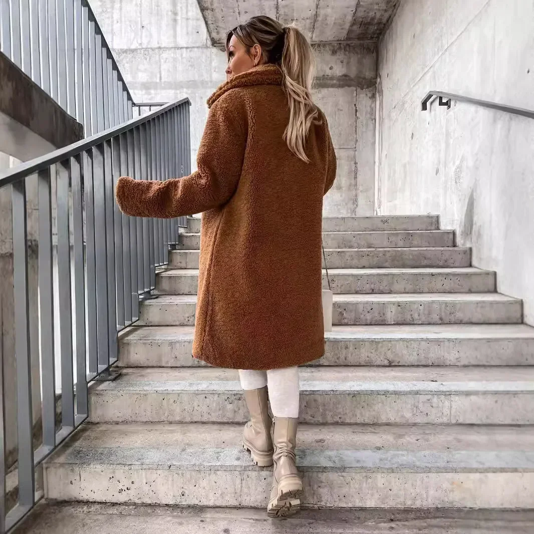 Damska jesienno-zimowa popularna odzież damska z długim rękawem, rozmyty kołnierz, damski pluszowy top, długi płaszcz plus size