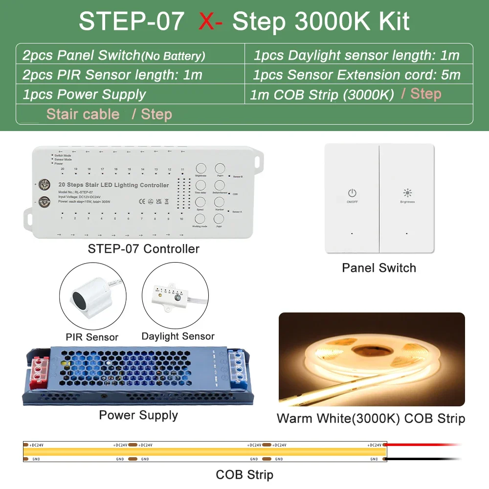 Bewegingssensor Trap LED-lichttape 1-20 stappen 24V COB LED Trapstrip Snelle verbinding Wandschakelaar Controle PIR-sensor voor Home Decor