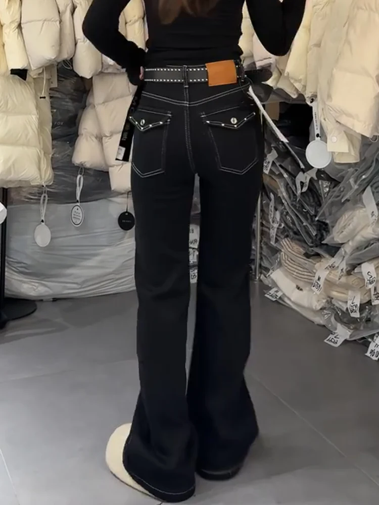 

Ретро-джинсы в американском стиле с эффектом потертости для женщин, с низкой посадкой, с заклепками, длиной в пол, в стиле Hot Girl