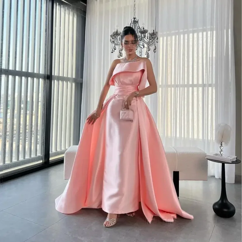 Pink Sleeveless Formal Women Prom Dresses Strapless Pleated Floor Length Evening Gowns Wedding Party Dresses Back Zipper