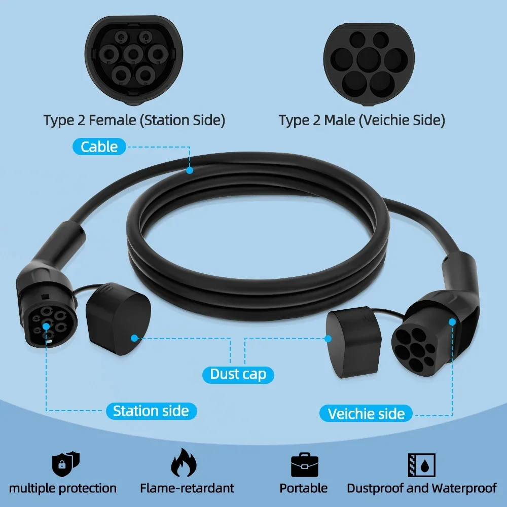 Potable EV Charging Cable 32A 7kW 1Phase Electric Vehicle Cord 3M 5M 7M 10M Type 2 EVSE Charging Station Female to Male Plug