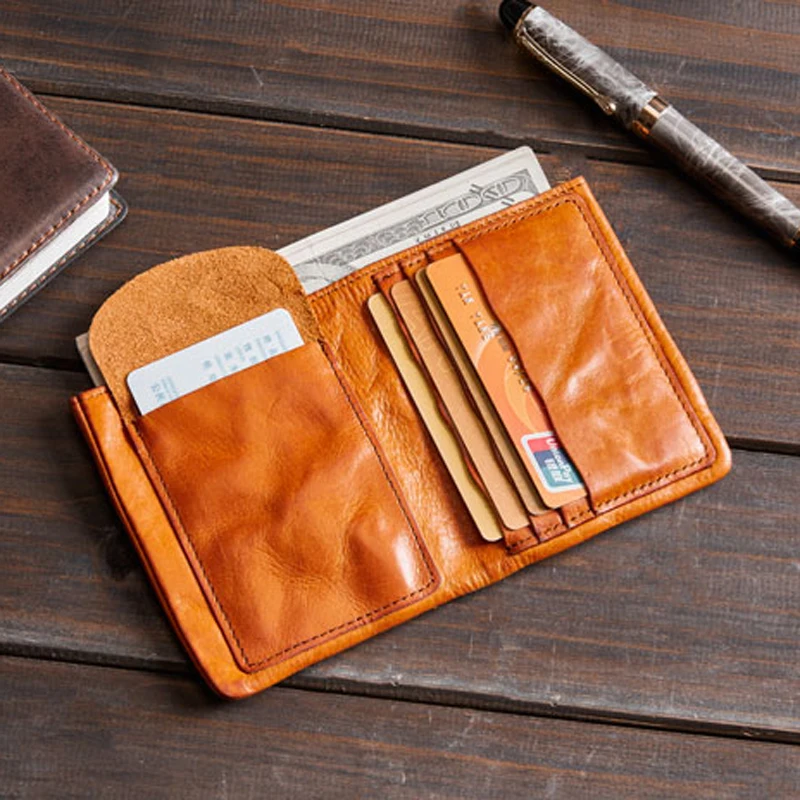 

AETOO Ultra-thin small purse men's short style minimalist retro pure cowhide leather clip female leather folded small portable