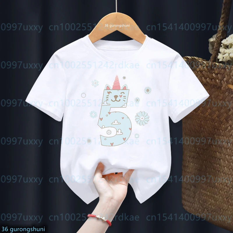 Kawaii Love Clouds Unicorn Cats T Shirt Happy Birthday Gifts Number 2-10th T-Shirt Boys Girls Kids Clothes Short Sleeve Baby Top