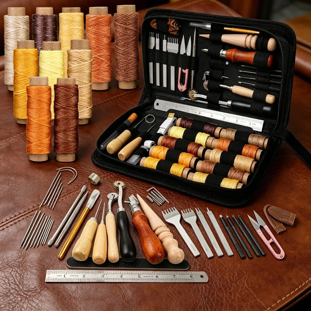 DIY leather sewing set, leather craft tool combination, sewing needle set, leather grooving device, wax thread