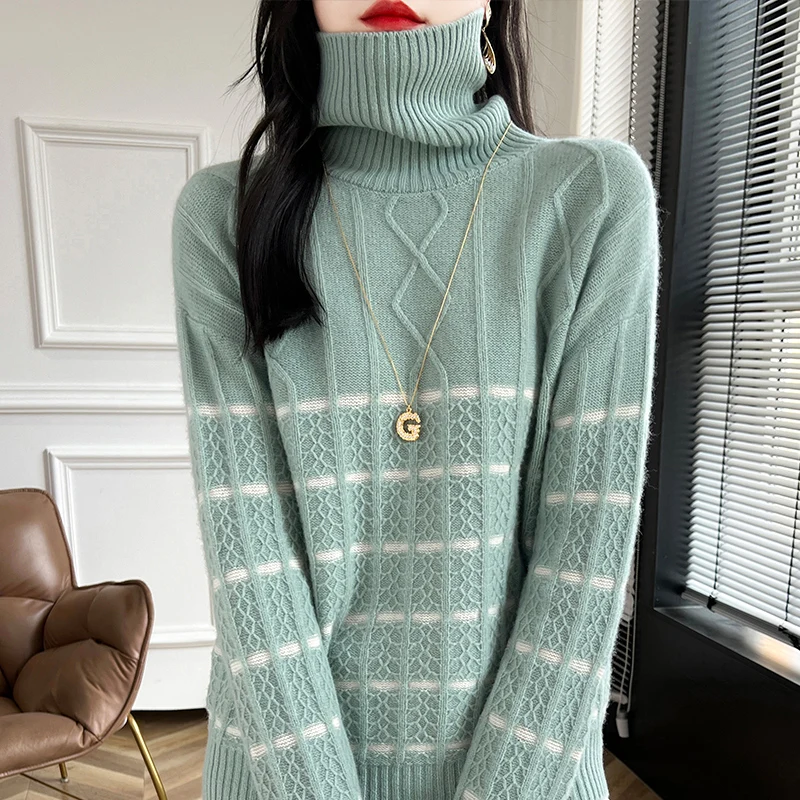 

Office Lady 100% Merino Cashmere Wool Knitwear Grace Stlye WomenTurtleneck Autumn Winter Sweater Slim Basic Clothing