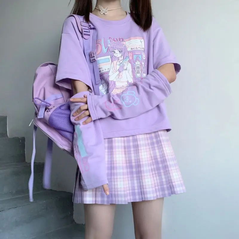 Janpanese Girl Anime Printed T-Shirt Summer Cute Splicing Y2k Tops Women Purple Clothes Two-dimensional Streetwear Kawaii Tees