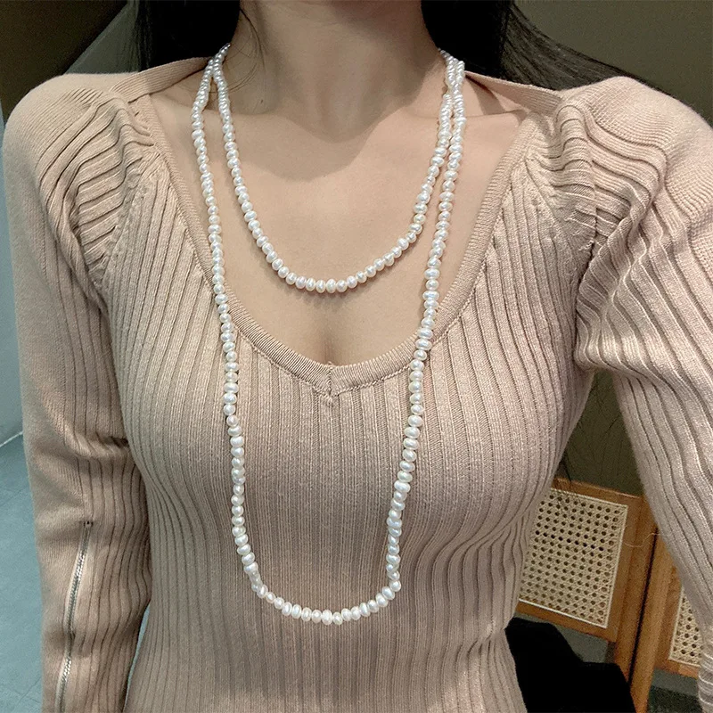 

Natural Freshwater Sweater Long Necklace Women Vintage Multi-Layer Stackable Pearl Neck Chain