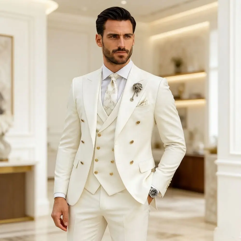 Men Ivory Wedding Suit Slim Fit 3 Pieces Double Breasted Tuxedo Mix Match Modern Peak Lapel Premium Formal Occasion Groom Wear