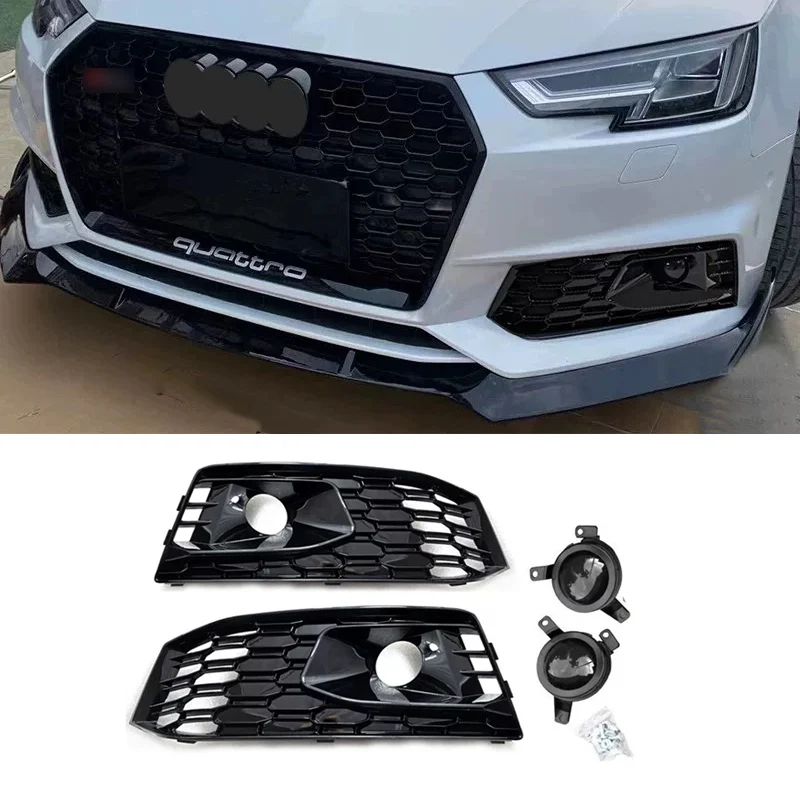 

Racing Grills For A4 S4 B9 2017-2019 For RS4 Style Front Bumper Sport Hex Mesh Honeycomb Hood Grille Black Fog lamp grille