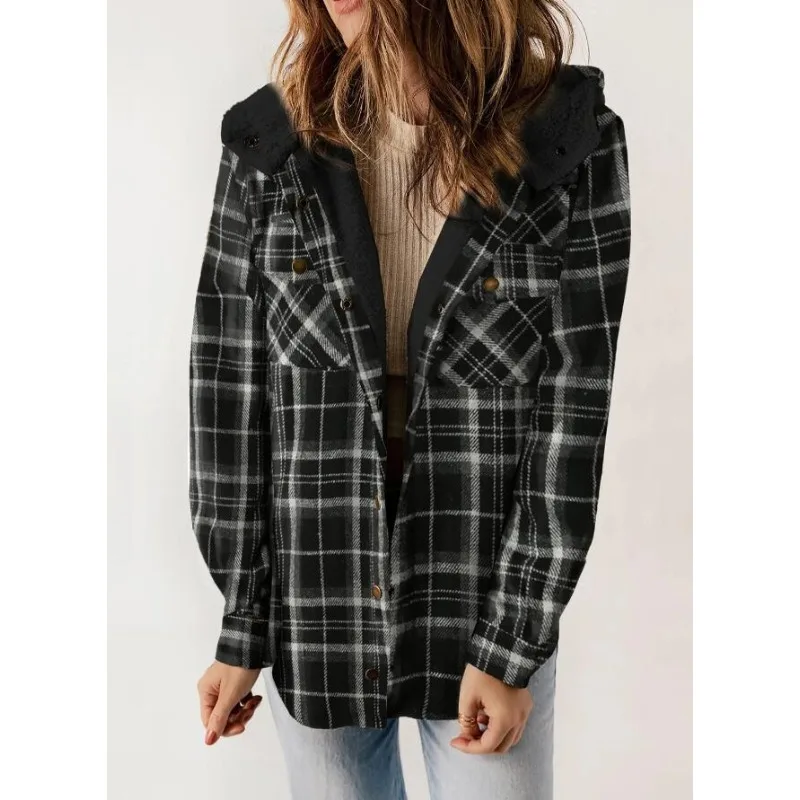 

2025 Autumn and Winter Women's Plaid Casual Versatile Jacket Long-sleeved Fluffy Hooded Jacket with Pockets