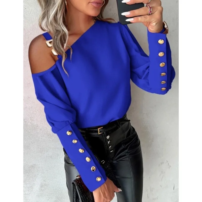 Versatile Off Shoulder Blouse Women Casual Long Seelve Metal Buckle Elegant Button Decor Shirts Famale Fashion Lady Loose Tops