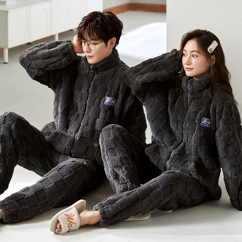 Couple Winter Flannel Pajamas Long-sleeved Coral Velvet Warm Men\'s Pajamas Set Cardigan Zipper Korean Home Wear