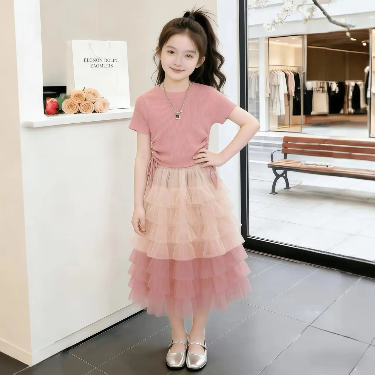 2026 summer girls Clothes Children set short sleeve Teen crop top T SHIRT + gradient layered tiered skirt 4 8 10 12 year Korea