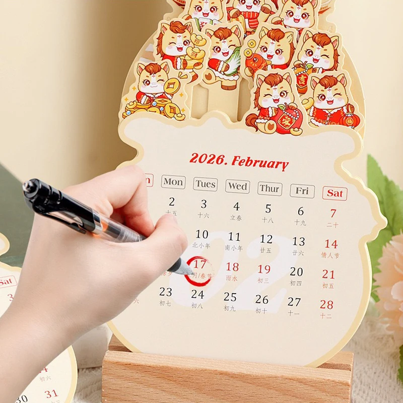 

Wooden Base Bloomy Flowers Desk Calendar Vase Shaped Detachable Base Monthly Planner Date Display Floral Theme Standing Calendar