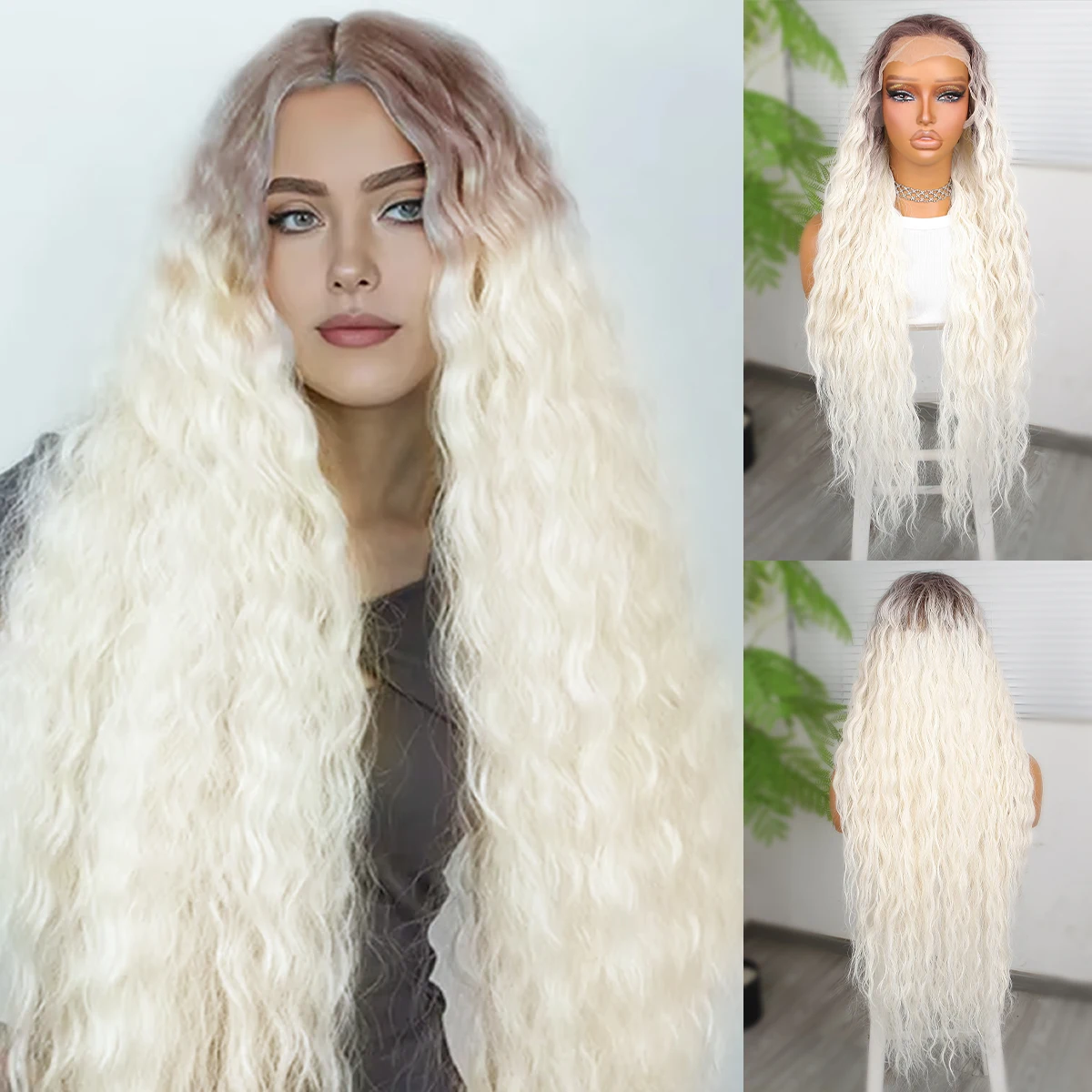 Women Stylish Fashion  Versatile Style Heat Resistant 180 Density 13*4 Lace Front Wigs Synthetic Lace Wigs Long Curly White