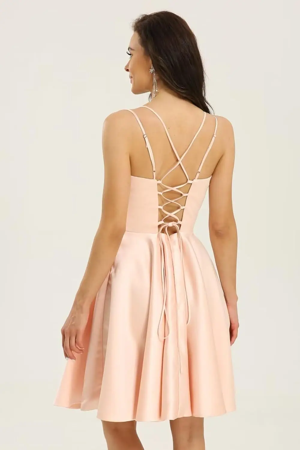 Teenager-Kleid für den Schulanfang, knielang, dünner Schultergurt und Tasche, rückenfreies Ballkleid aus Satin, formelles Abendkleid, kurz