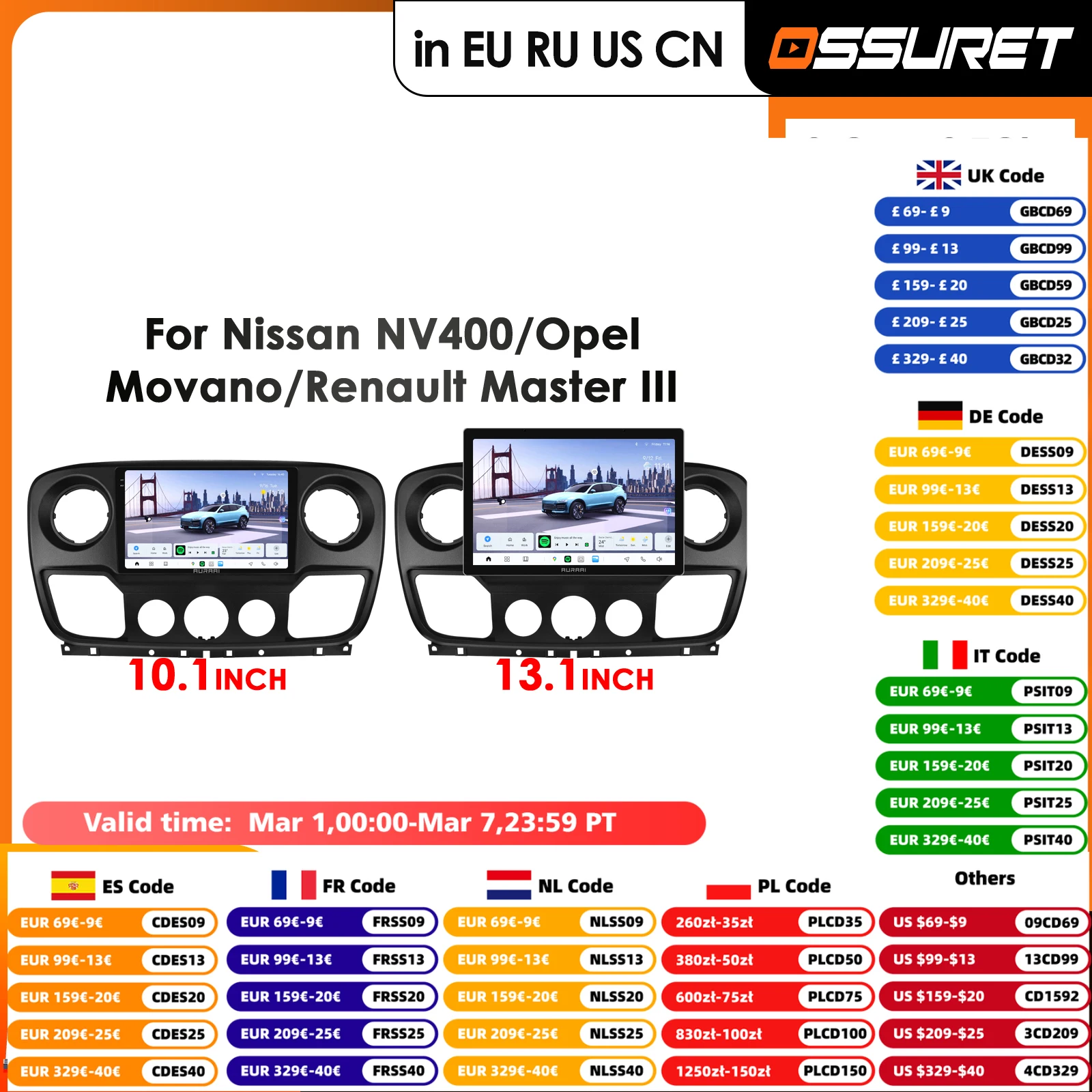 

10.1'' Car Radio For Nissan NV400 2010 - 2019 For Opel Movano For Renault Master III 3 2011 - 2021 Autoradio Stereo 2K Screen BT