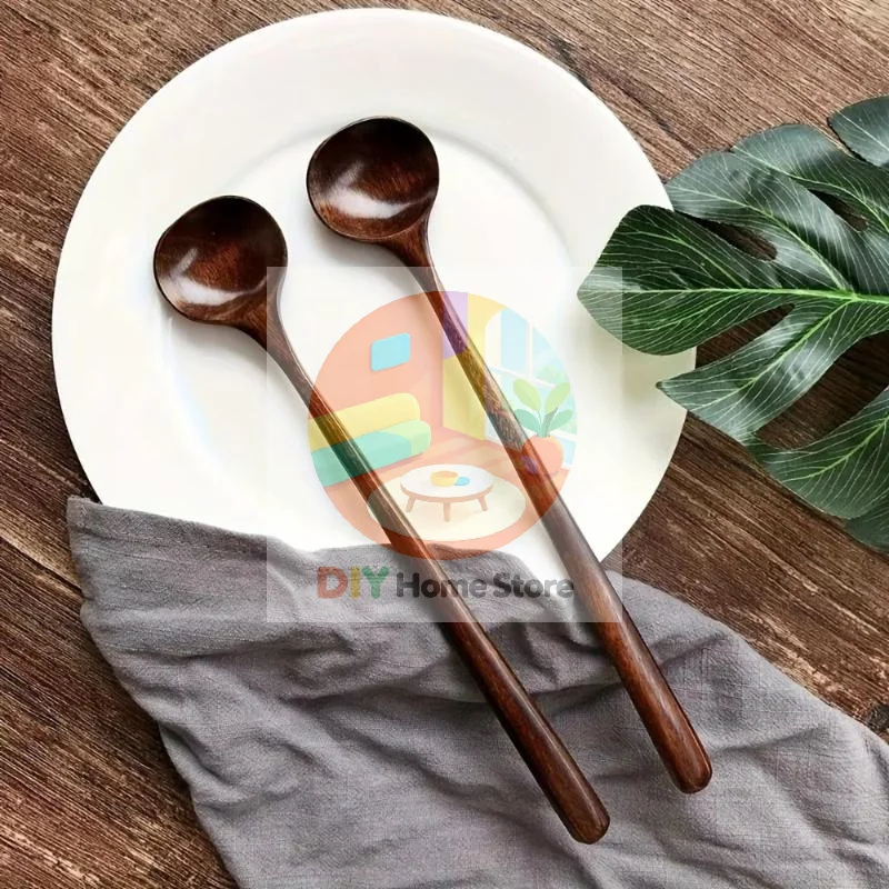Heat Resistant Long Handle Wooden Soup Spoon Natural Food Grade Round Scoop for Porridge Dessert Tea Restaurant