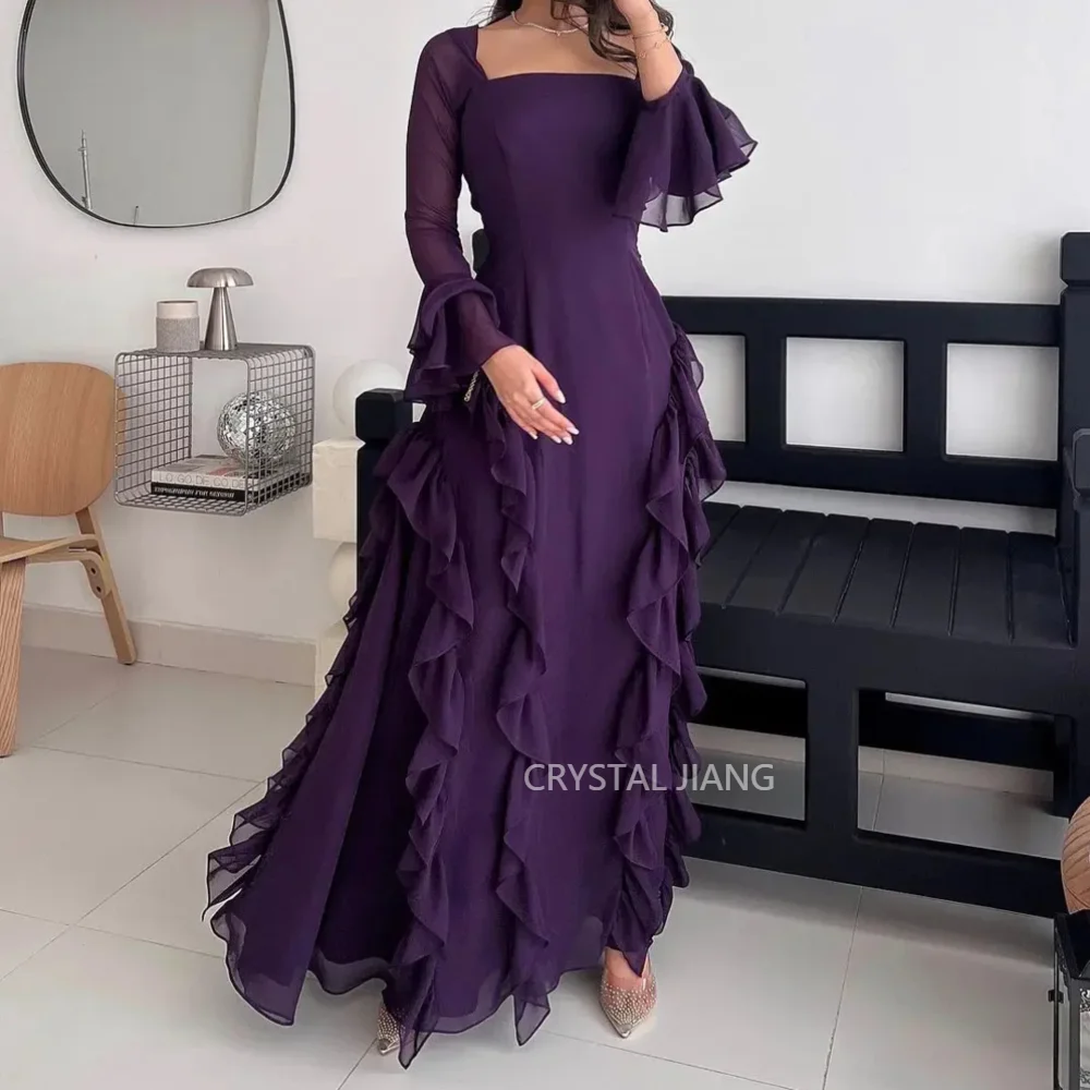 Classy Long Purple Square Collar Chiffon Saudi Evening Dresses Full Sleeves A Line Pleated Floor Length Robes De Soirée