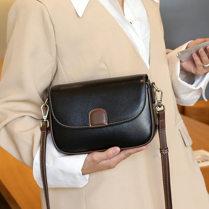 Lady\'s Vegetable Tanned Leather Single Shoulder Bag Solid Color Women Genuine Leather Messenger Female Square Crossbody Bag 2023