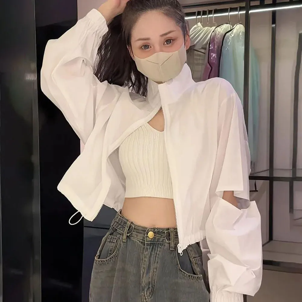 

White Sunscreen Jacket For Women 2024 Spring Summer Chic Hole Long Sleeve Zipper Coat Female Solid Student Casual Cropped Blouse