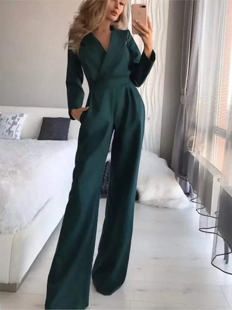 2025 Spring  Jumpsuit Women Mid Waist Elegant Commuting Long Sleeve Suit Overalls Wide Leg Pant Casual Solid Waist Jumpsuit