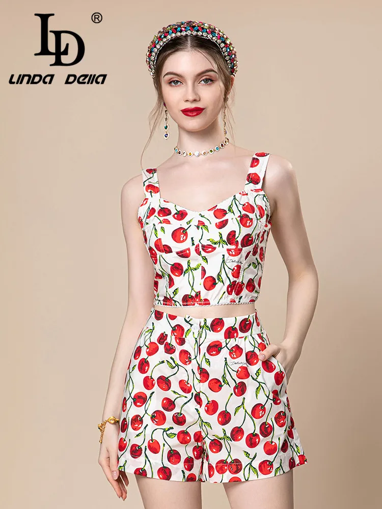 LD LINDA DELLA Summer Fashion Designer Sexy Set Women's Suspender Cherry Print Pure Cotton Top+Button Beach Shorts Sets