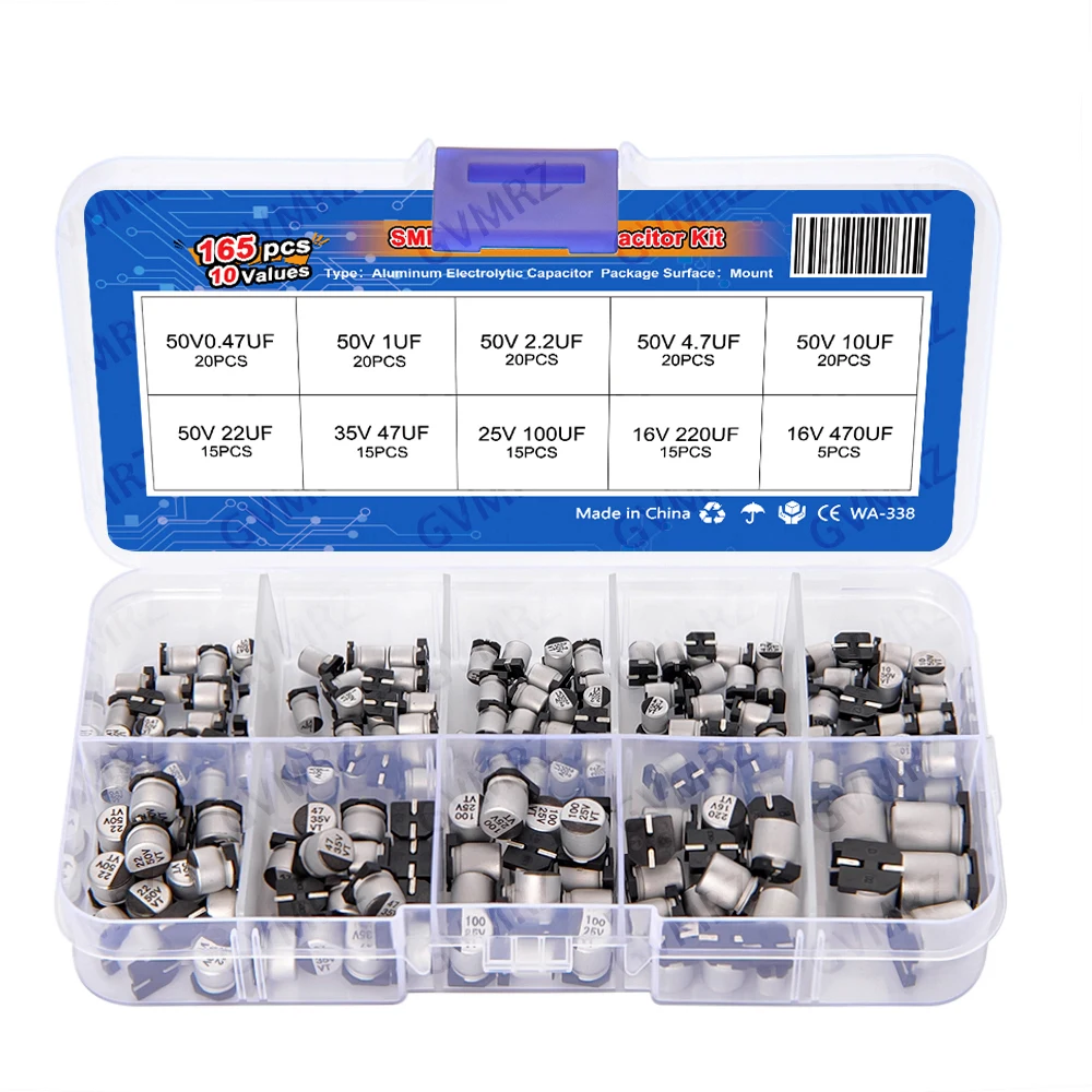 165PCS 10Values SMD Aluminum Electrolytic Capacitor Sample Box - Assorted Kit for Electronics DIY Repair Projects  SMD