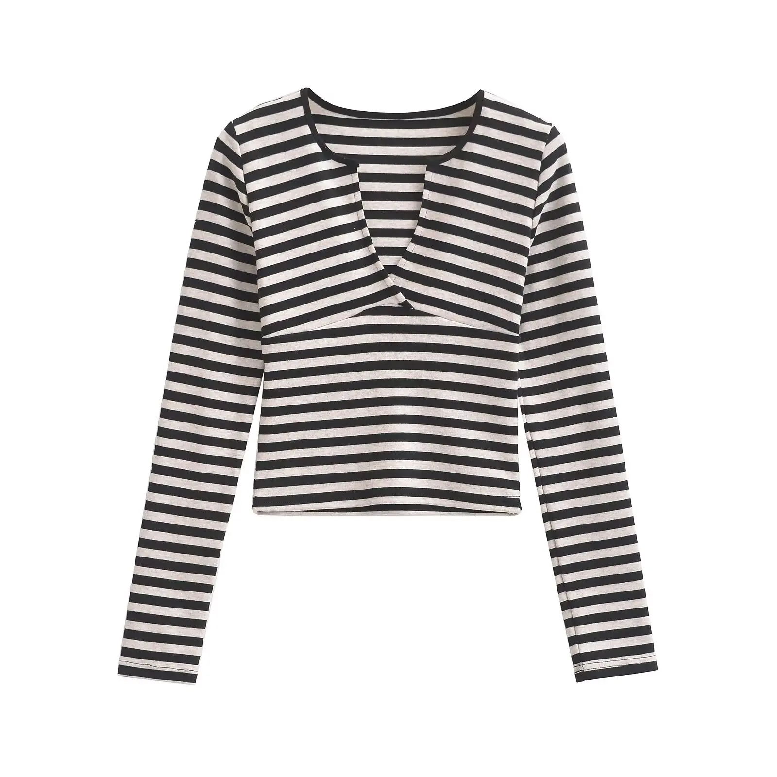 Seksowna amerykańska koszulka w paski, damska, wiosenno-jesienna, dopasowana, z długim rękawem, głęboki dekolt w serek, bazowa koszulka, czysta pokusa.