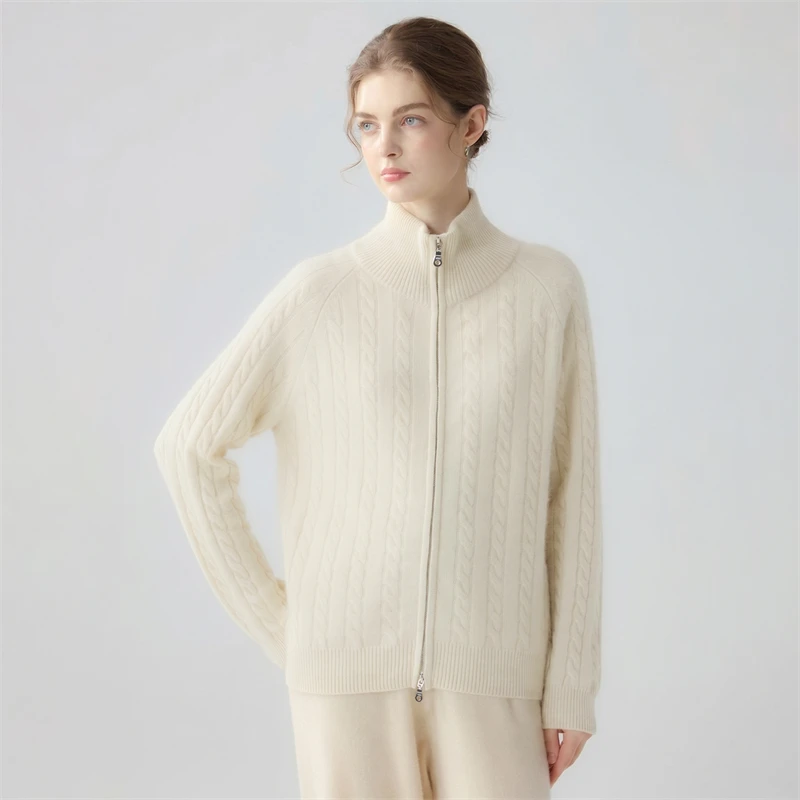 100% Pure Cashmere Women's Cardigan Old Money Style Stand Collar Zipper Fried Dough Twists Knitted Pullover Thickened Warm Sweat