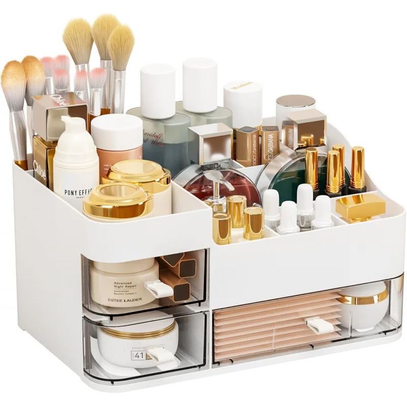 

SuoXing White Make Up For Vanity,Large Plastic Bathroom Counter Organizer With Drawers,Skincare Organizers And Cosmet