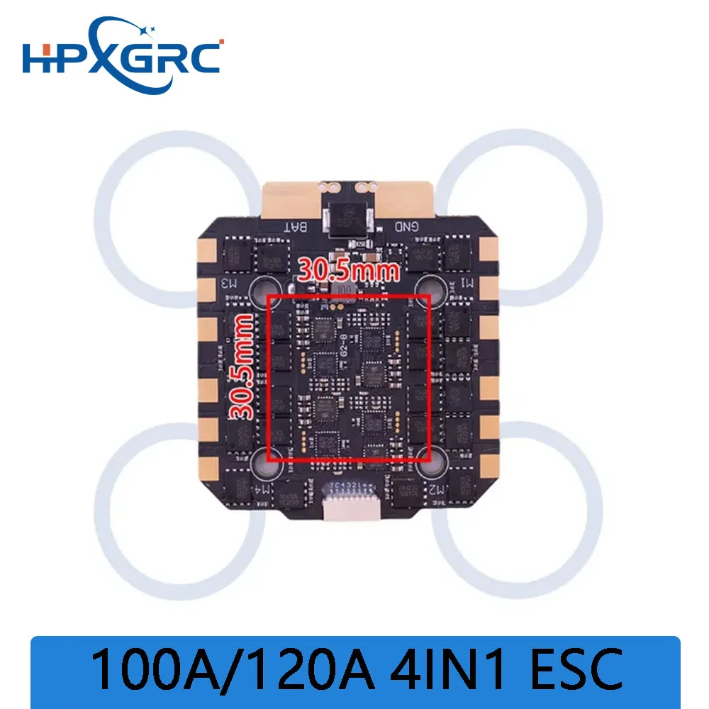 

HPXGRC 100A 120A 4in1 ESC, 3-12S Lipo Support with DSHOT300/600 PWM, 30.5x30.5mm for FPV Racing Drone