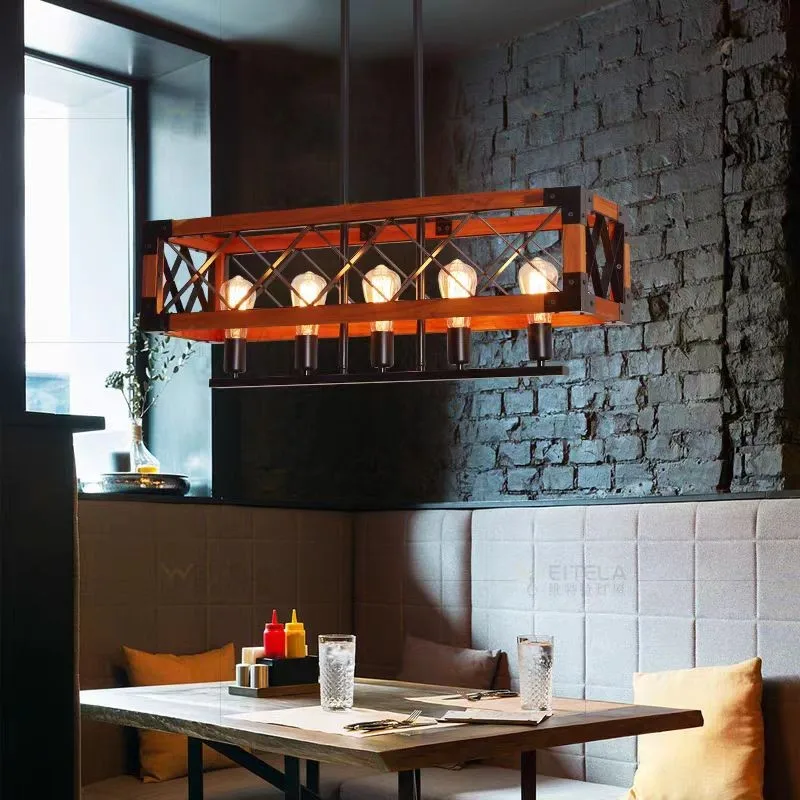 American Vintage Hotel Dining Room Living Room Chandelier Wrought Iron Solid Wood Cafe Chandelier