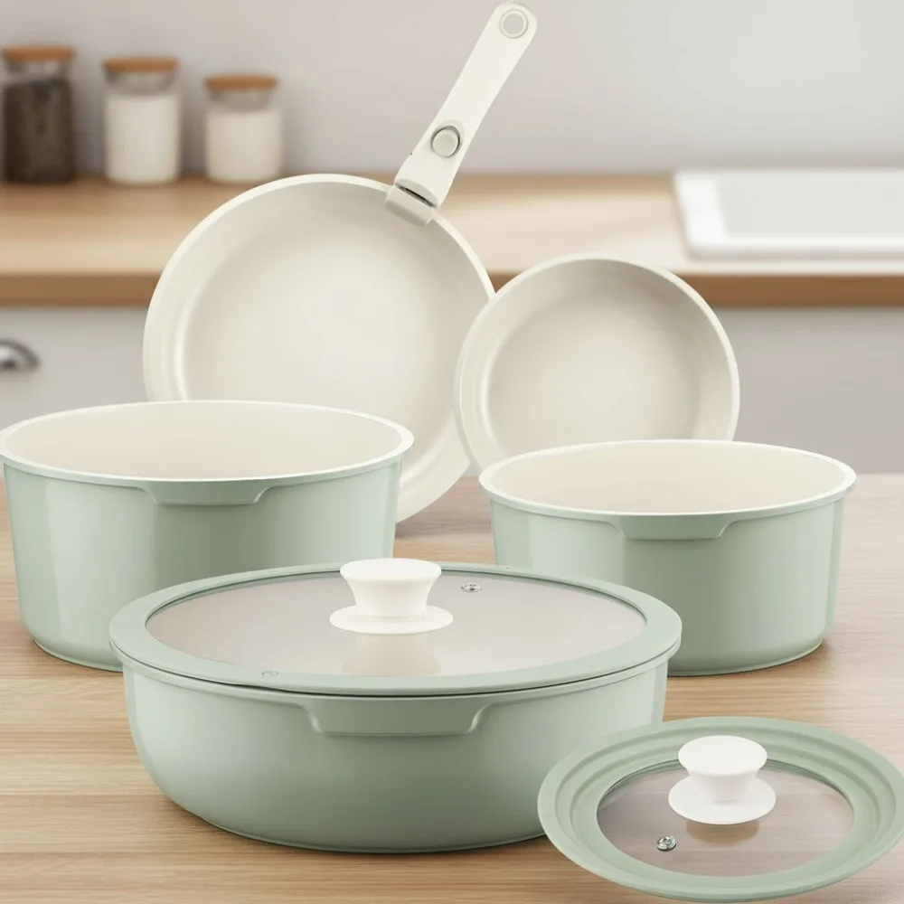 

Набор керамической посуды с антипригарным покрытием из 8 предметов со съемными ручками, индукционный, совместимый с кемпингами на колесах и небольшими кухоньями