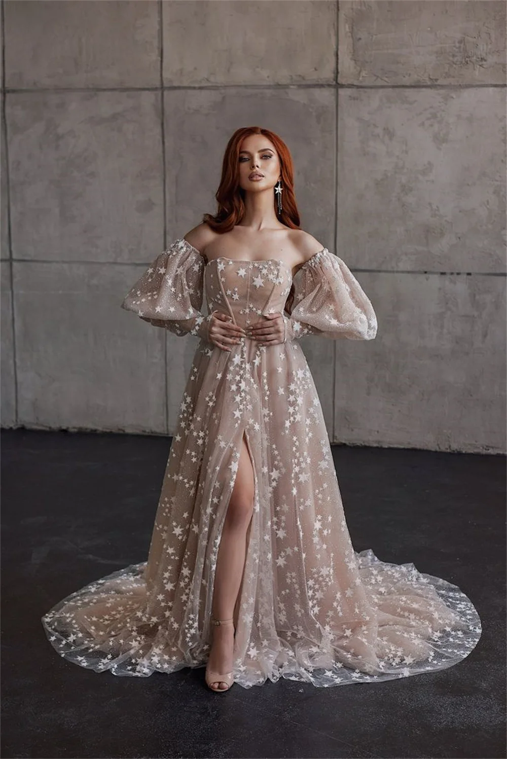 Sansa Mysterious Side Split فساتين السهرة Sexy Off Shoulder Prom Dress Star A-line فساتين سهره فاخره Champagne Vestidos De Noche