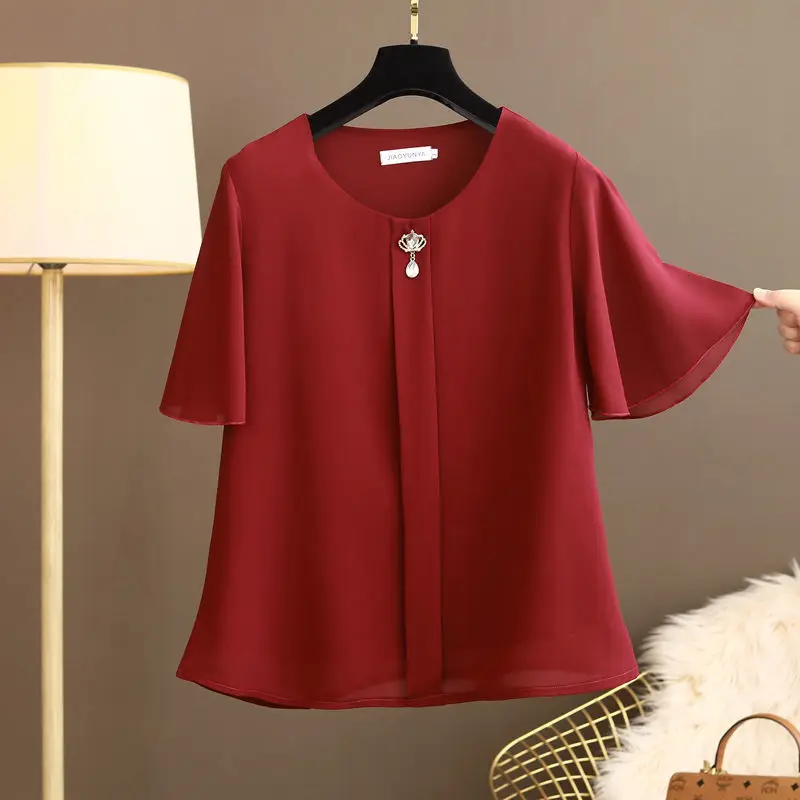 Women Clothing Ruffled Chic Elegant Chiffon Blouses Summer Fashion Round Neck Short Sleeve Solid Shirts Simple Casual Loose Tops