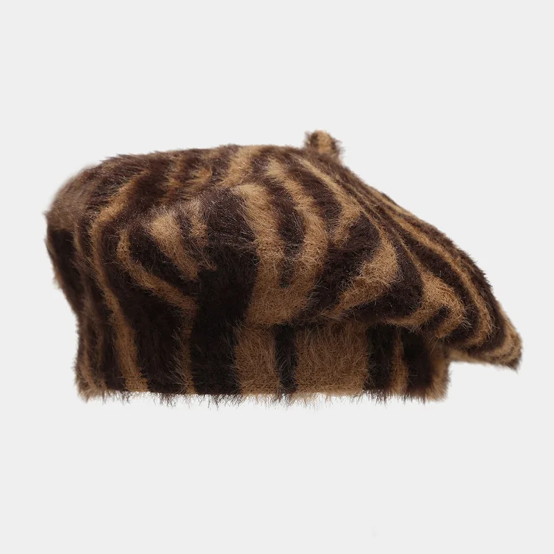 Women Fluffy Faux Fur Zebra Stripe Beret Retro Painter Cap Soft Warm Plush Street Headwear Winter Fashion Daily Hat