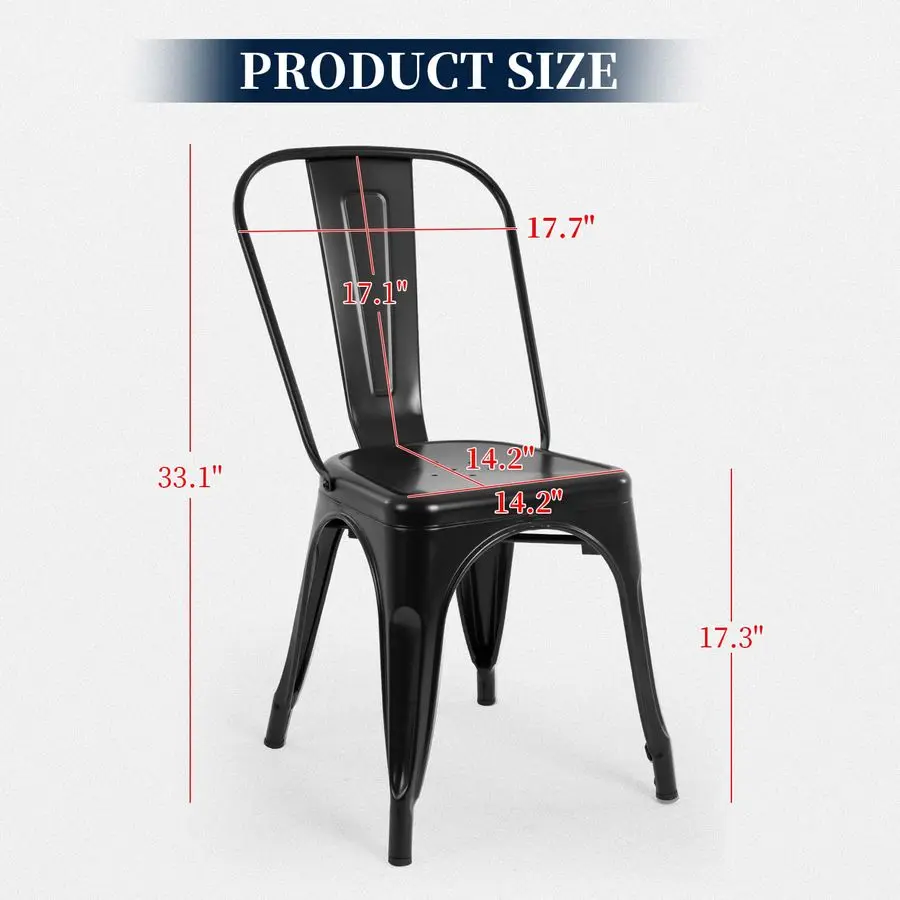 Zestaw 4 metalowych krzeseł do jadalni, czarne, sztaplowane krzesła Tolix z oparciem, odporne na zarysowania, antypoślizgowe nóżki, do użytku wewnątrz i na zewnątrz, 33