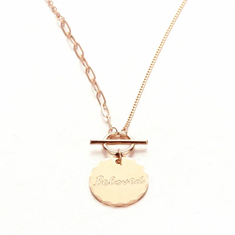 585 Purple Gold Plated 14K Rose Gold Round Glossy Letter Neckalce for Woman Fashion Chopin Chain Pendant Elegant Wedding Jewelry