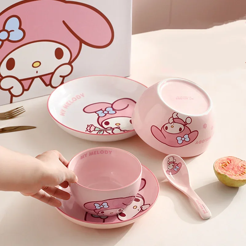 

Sanrios Hellokitty Cartoon 5Pcs Couple Ceramic Tableware Set My Melody with Bowl Plate Spoon Kids Home Anime Rice Bowl Gift Box