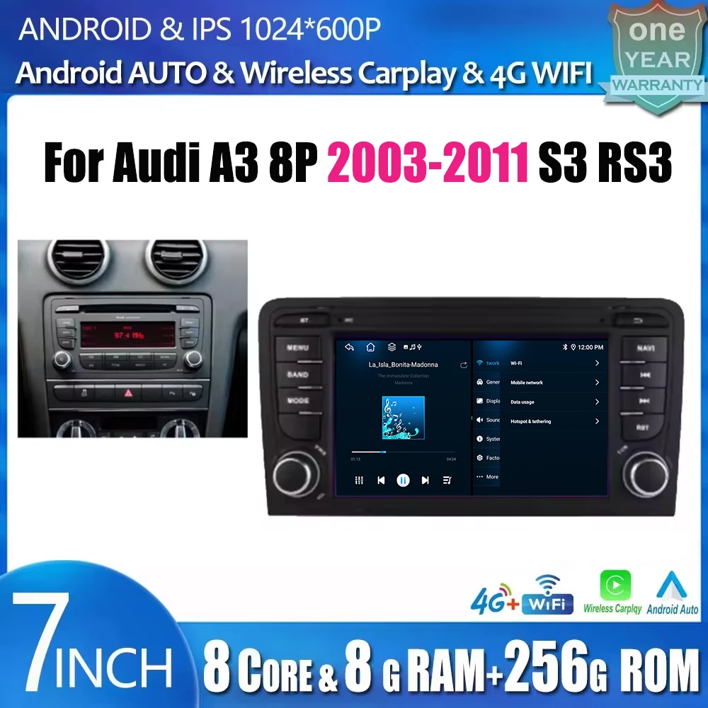 

Car Radio Android 16 For Audi A3 8P 2003-2011 S3 RS3 Sportback Multimedia GPS Autoradio Player Wireless Carplay Android Auto