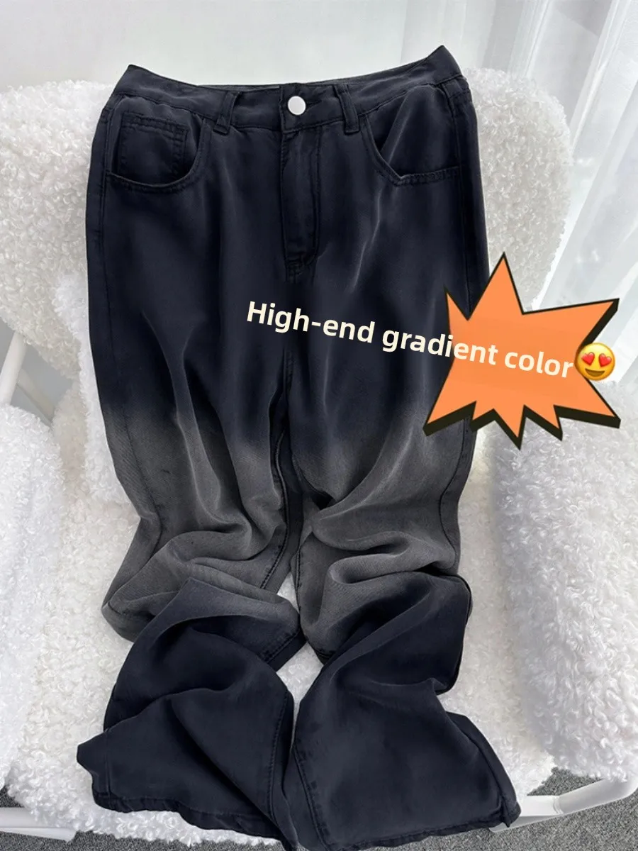 

Bla adient Silk Denim Jeans Women's Spring Thin High Waist Ice Silk Wide Leg Trendy Pants Casual Sle Stand Fit No St...