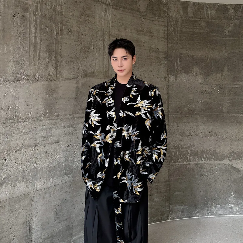 

Faionable Embroidered Patchwork Reflective Sequin Men's Suit Casual Western Wear Autumn Winter Loose Fit No Ironing Required