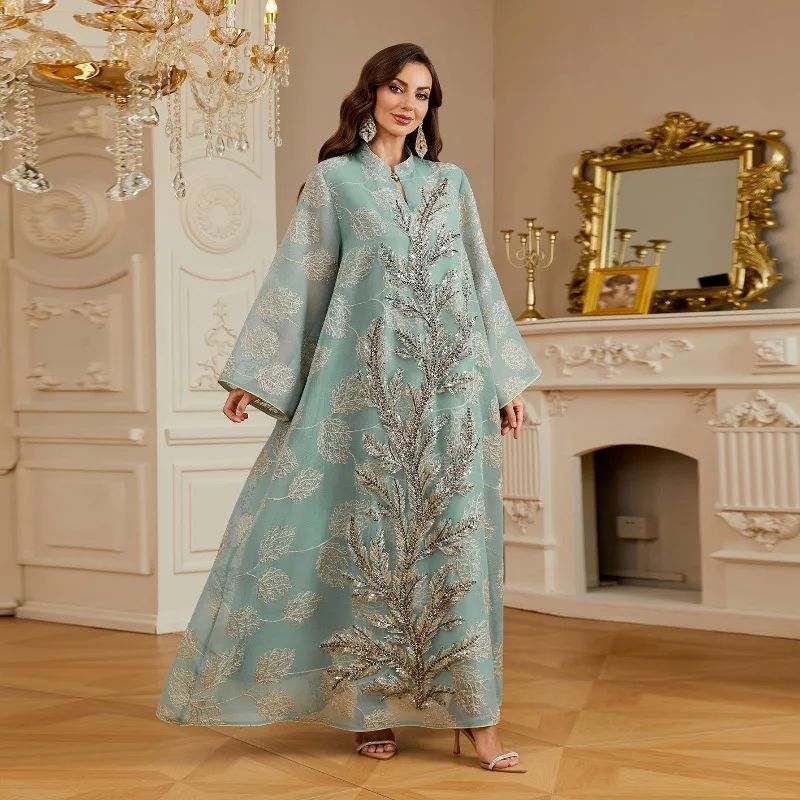 Arab Long Robe Eid Muslim Abaya for Women Party Dresses Sequins Mesh Jalabiya Morocco Dubai Abayas Kaftan Islam Ramadan Vestidos