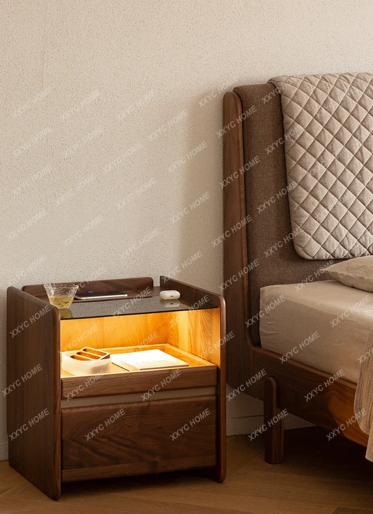Bedside table  solid wood smart wireless charging log black walnut bedroom storage cabinet