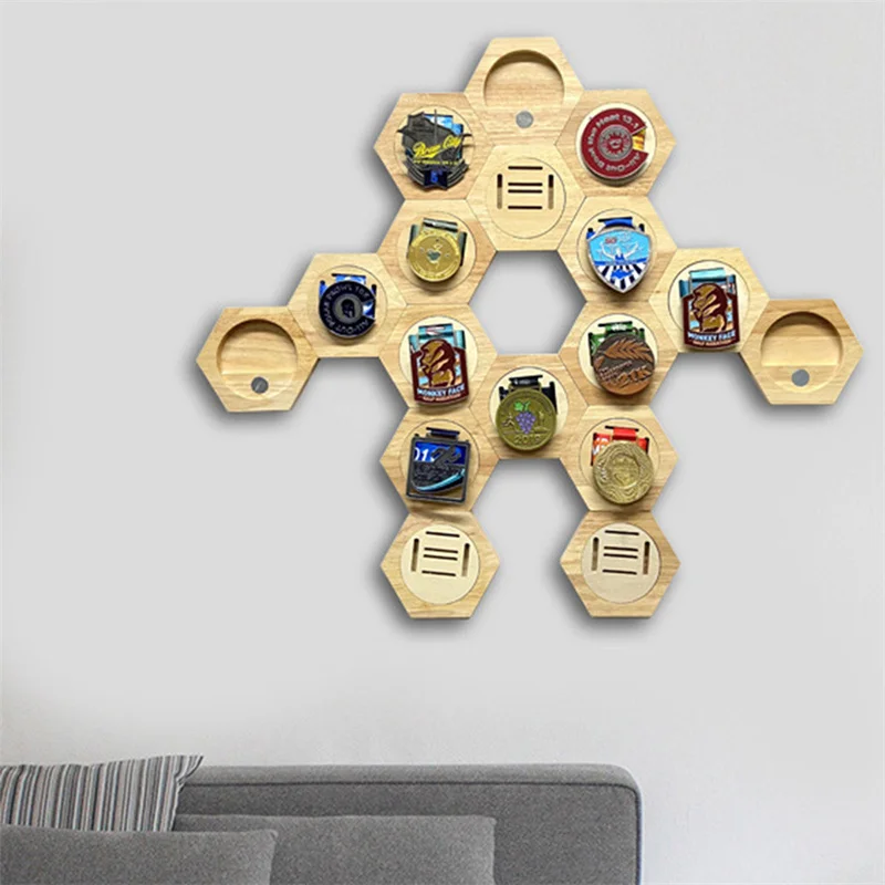 Honeycomb Shape Medal Display Stand Wall Mounted Wooden Medal Hanger Home Wall Decoration Honor Commemorative Display Stand